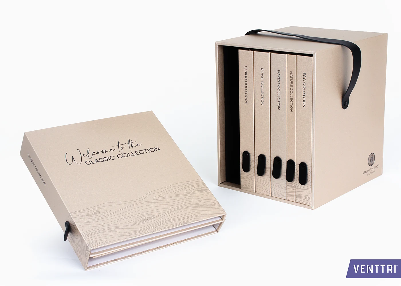 pearl linen slipcase filled with presentation folders